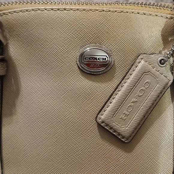 Coach Peyton Saffiano Leather Dome Satchel Cream Gold Champagne Metallic Bag - Picture 8 of 16